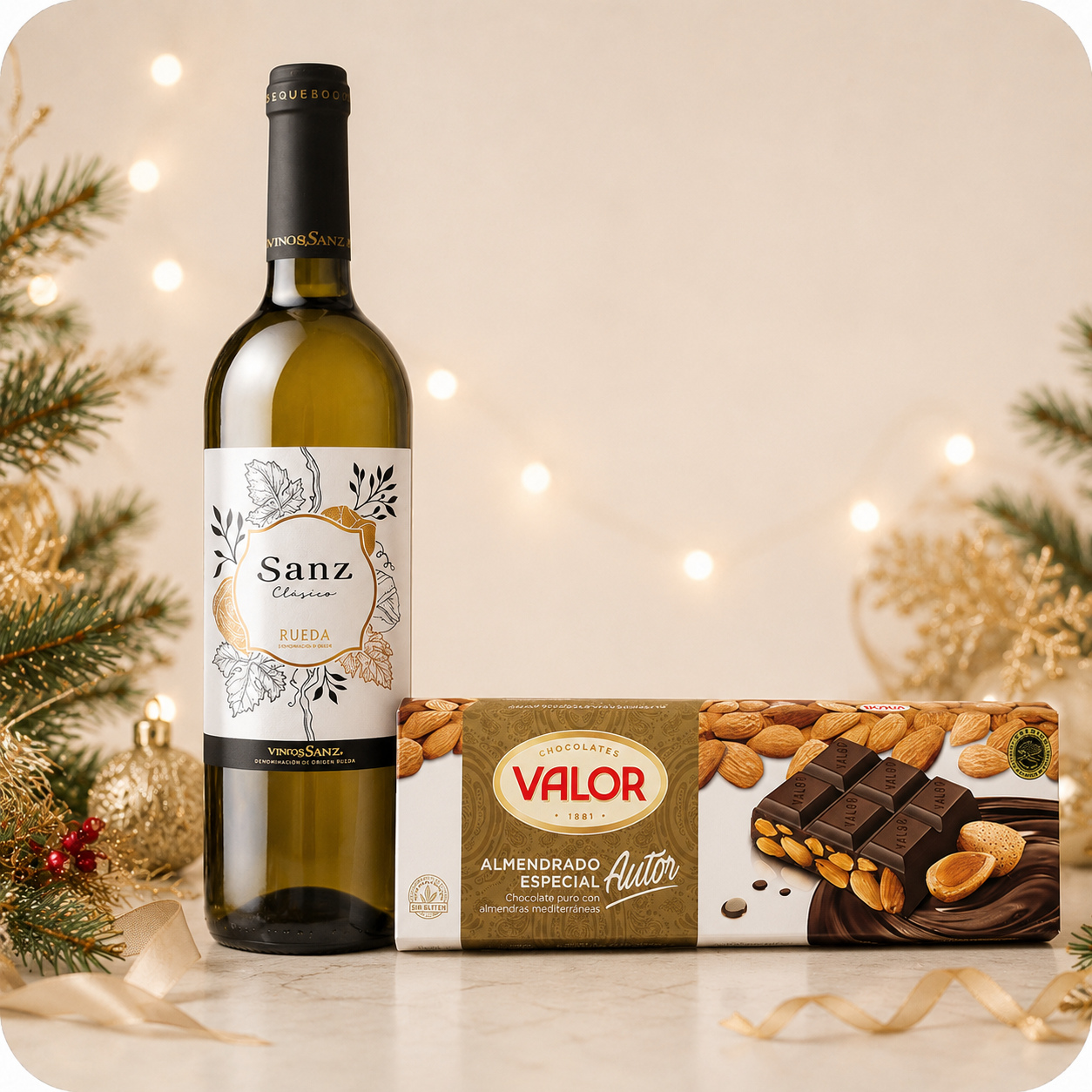 Lote Esencial de Navidad con vino blanco y chocolate para empresas en Menorca