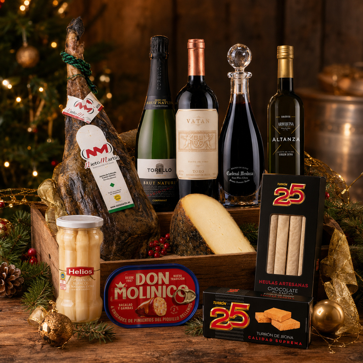 Lote Exclusivo de Navidad con jamón, vinos, cava, aceite, conservas, queso y turrones para empresas en Menorca
