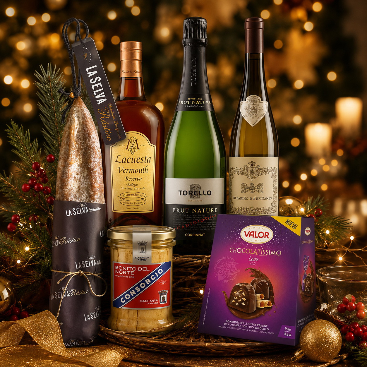 Lote Premium de Navidad con vermut, cava, vino, embutido, conservas y bombones para empresas en Menorca